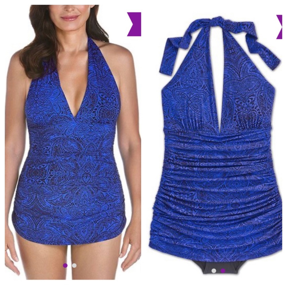 NWT! Coolibar | Baja Blue Abstract Paisley Ruched Halter Swimsuit